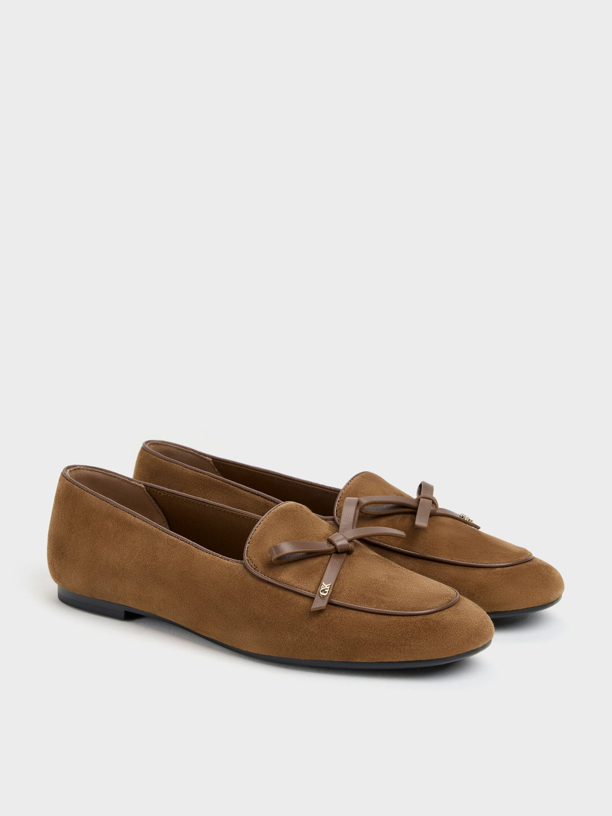 CHARLES & KEITH New / Leather & Suede Bow Loafers - Brown