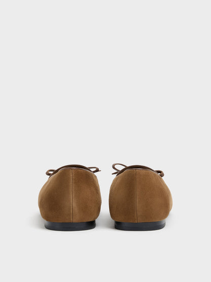 CHARLES & KEITH New / Leather & Suede Bow Loafers - Brown