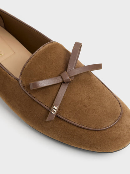 CHARLES & KEITH New / Leather & Suede Bow Loafers - Brown