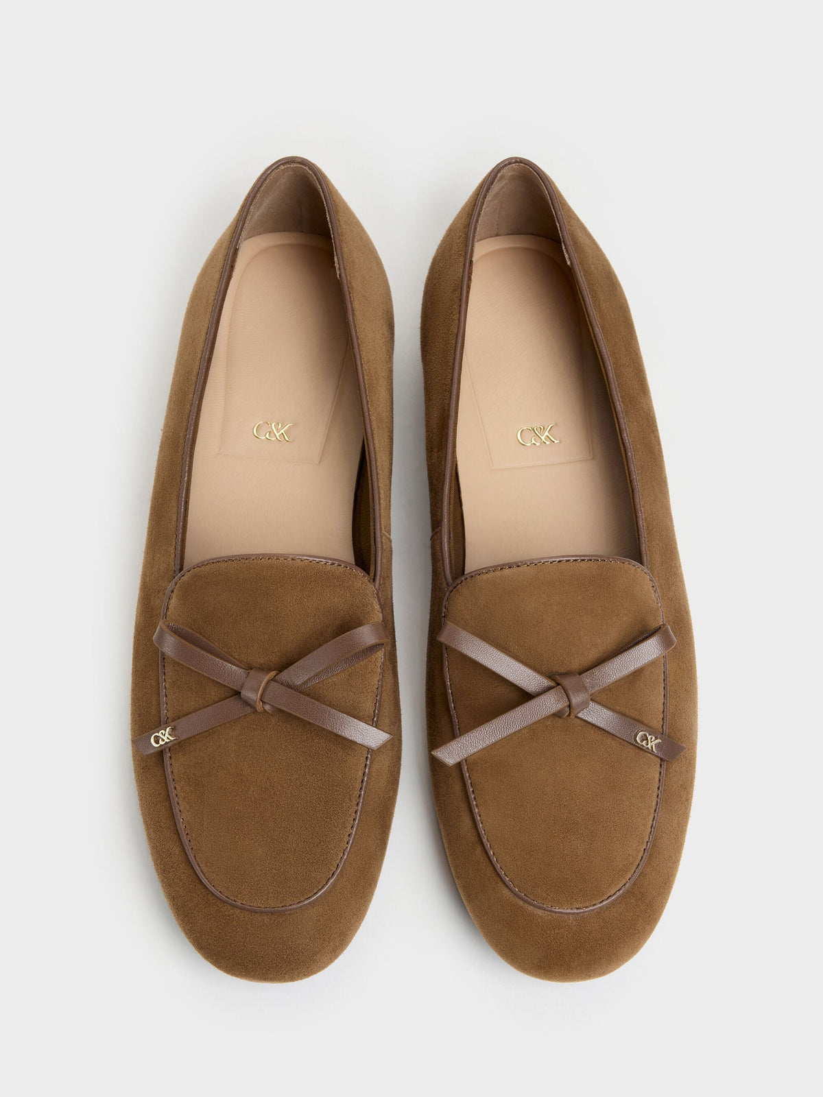 CHARLES & KEITH New / Leather & Suede Bow Loafers - Brown
