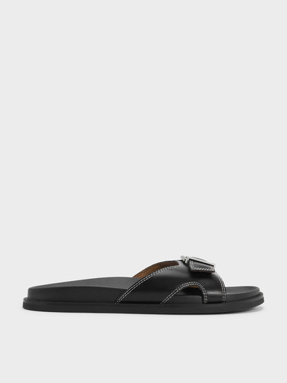 CHARLES & KEITH Sale / Stitch-Trim Buckled Slides - Black