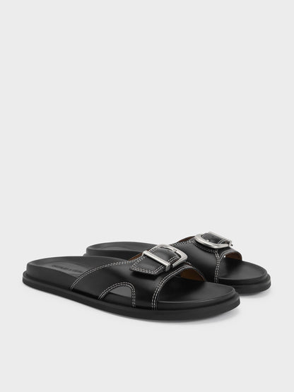 CHARLES & KEITH Sale / Stitch-Trim Buckled Slides - Black
