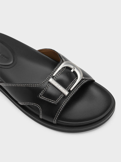CHARLES & KEITH Sale / Stitch-Trim Buckled Slides - Black