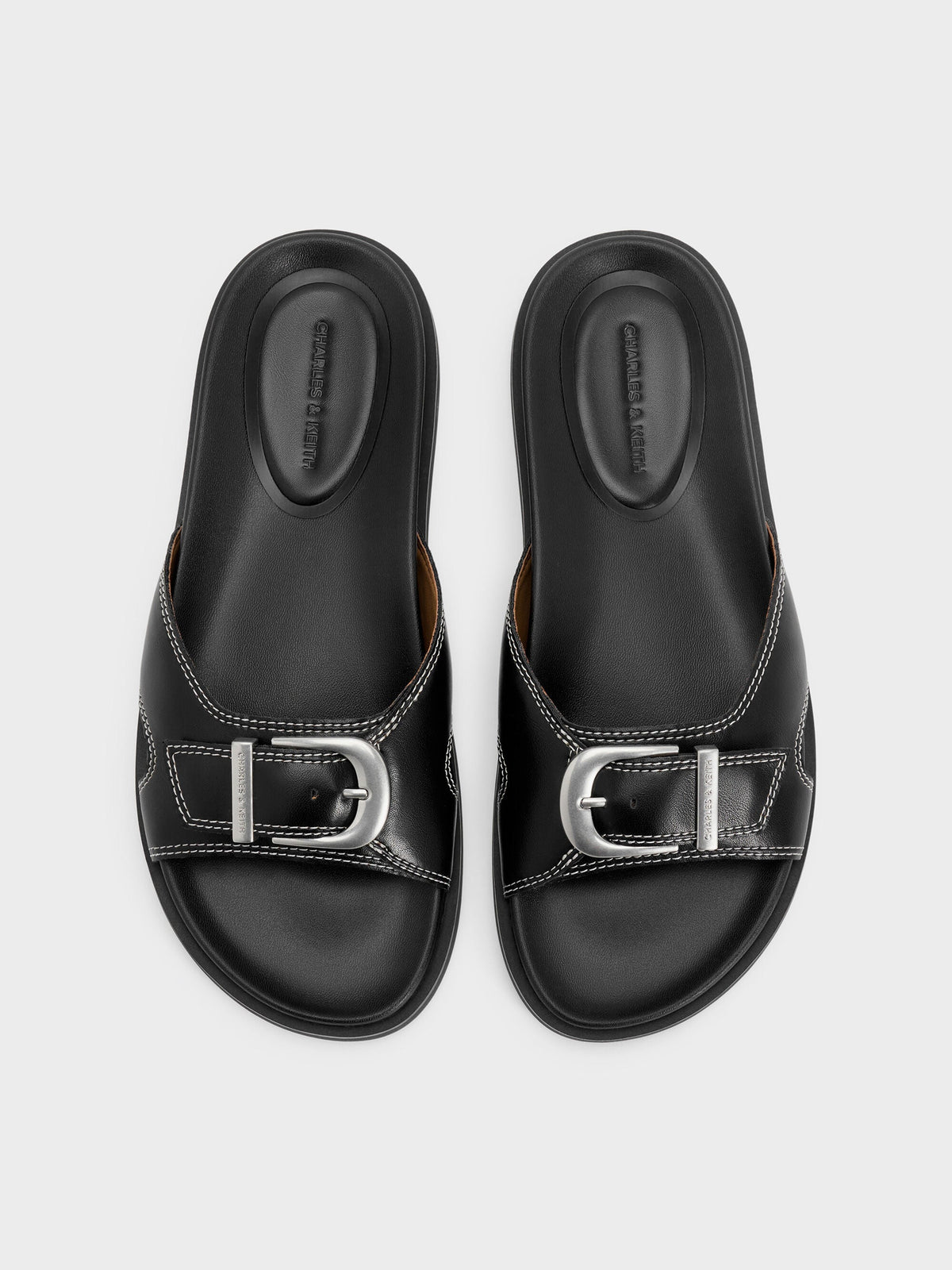 CHARLES & KEITH Sale / Stitch-Trim Buckled Slides - Black