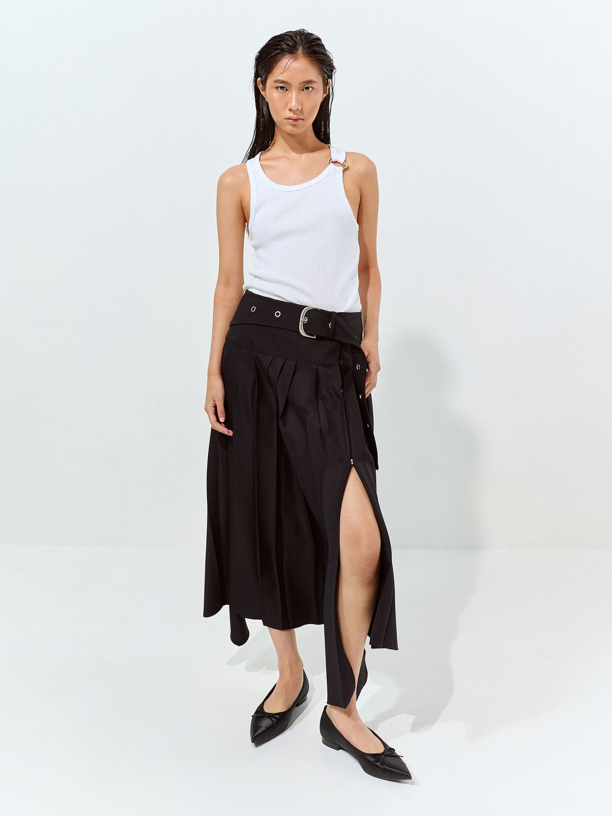 CHARLES & KEITH Sale / Briella Satin Cap-Toe Flats - Black Textured