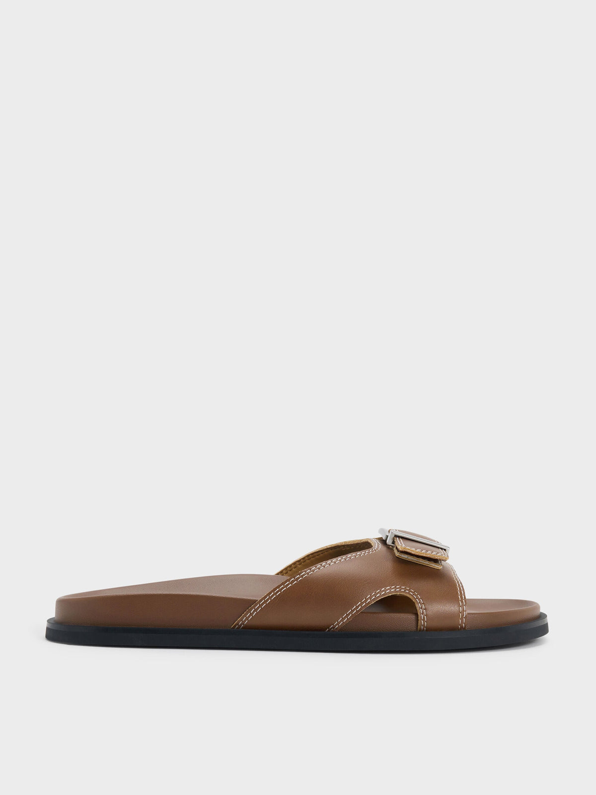 CHARLES & KEITH Everyday / Stitch-Trim Buckled Slides - Cognac
