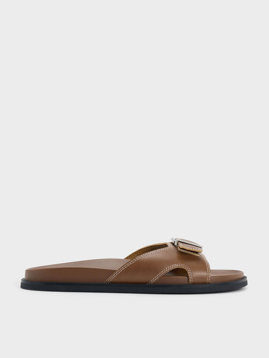 CHARLES & KEITH Everyday / Stitch-Trim Buckled Slides - Cognac