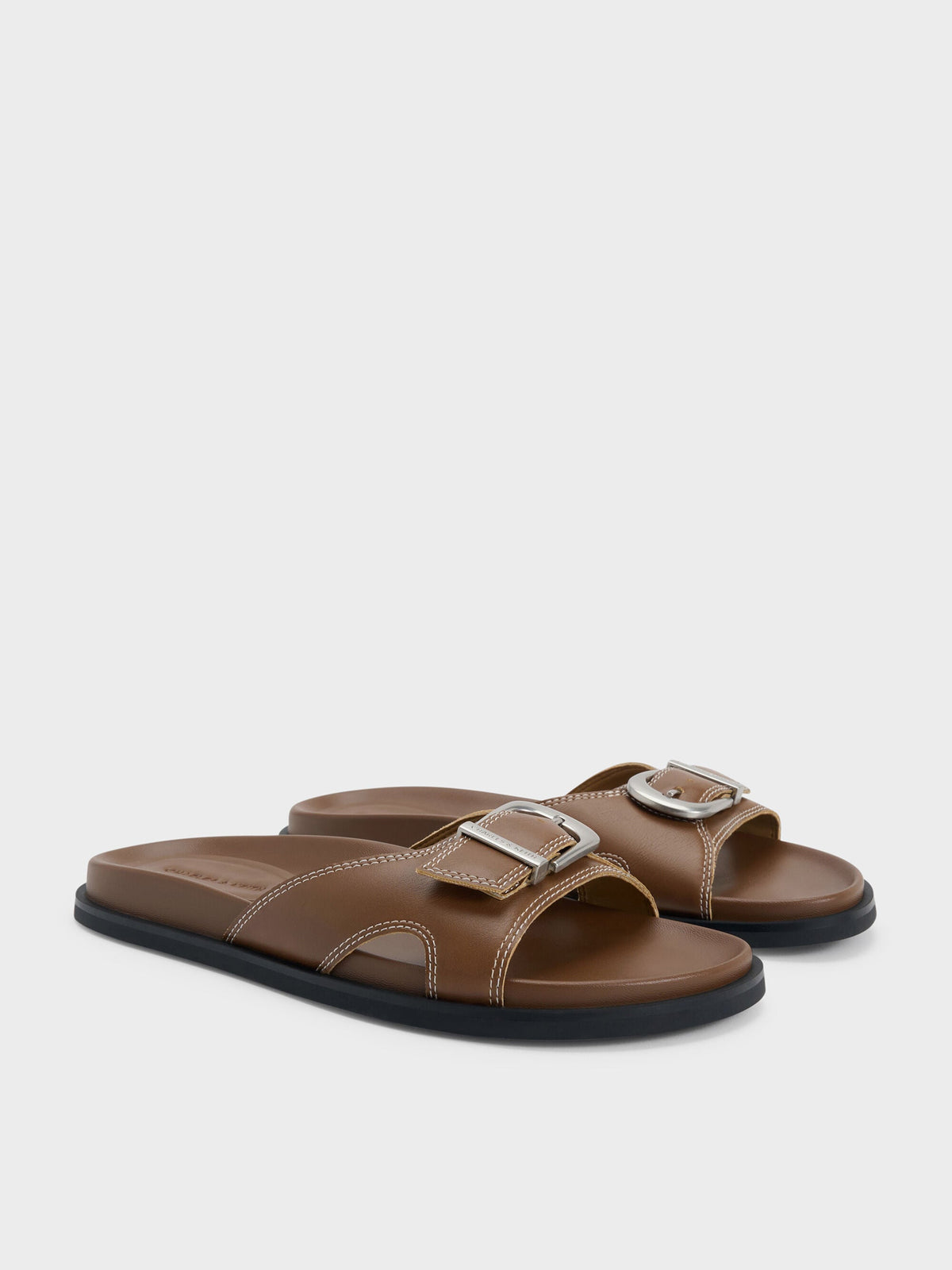 CHARLES & KEITH Everyday / Stitch-Trim Buckled Slides - Cognac