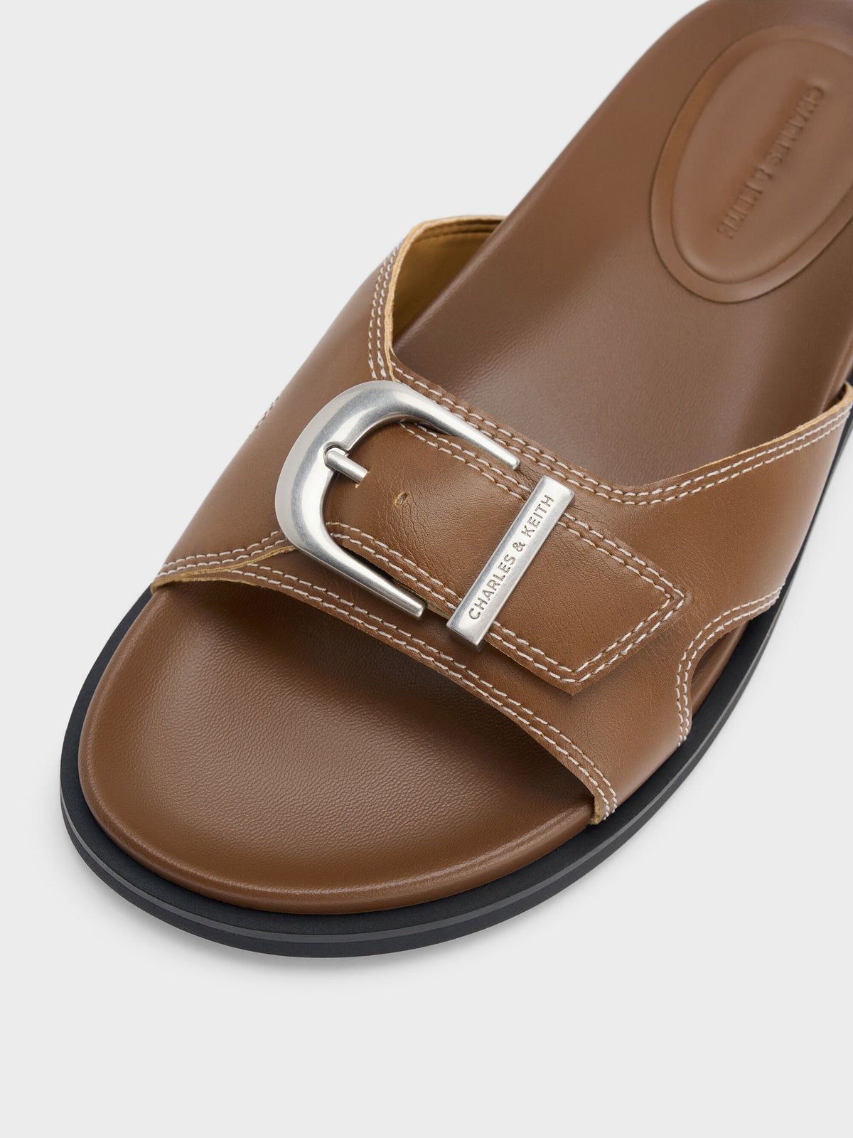 CHARLES & KEITH Everyday / Stitch-Trim Buckled Slides - Cognac