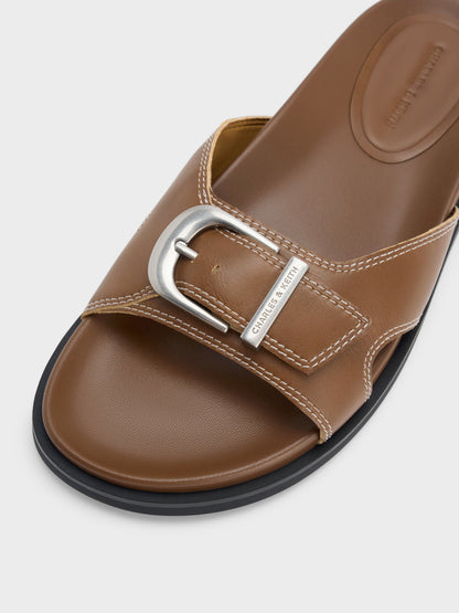 CHARLES & KEITH Everyday / Stitch-Trim Buckled Slides - Cognac