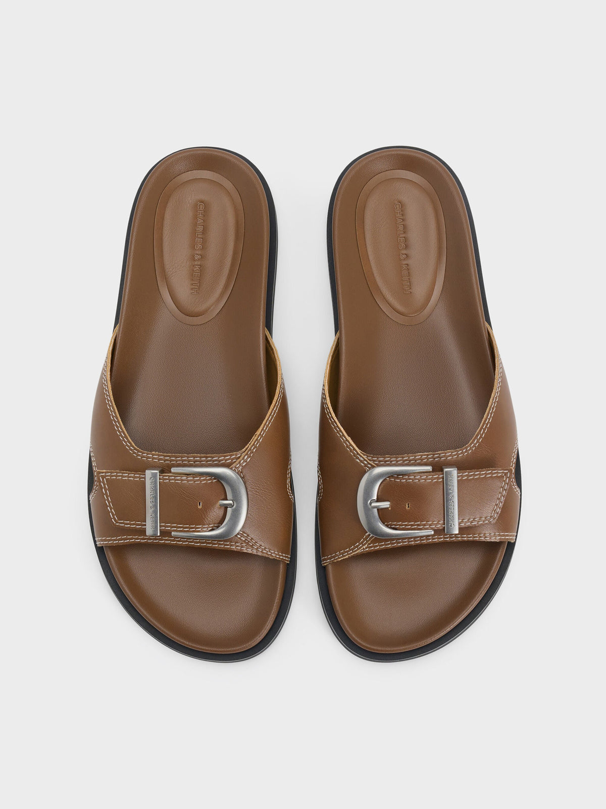 CHARLES & KEITH Everyday / Stitch-Trim Buckled Slides - Cognac