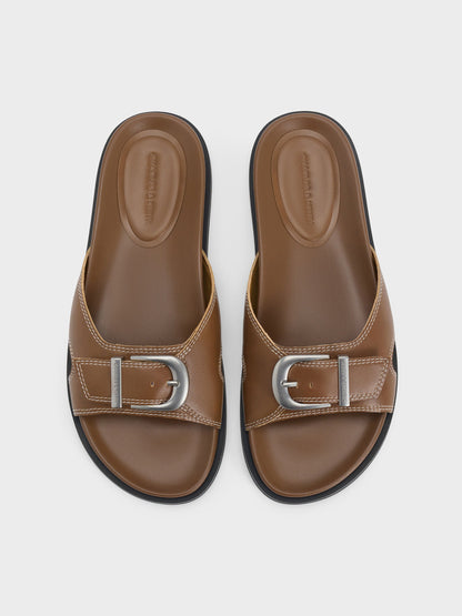 CHARLES & KEITH Everyday / Stitch-Trim Buckled Slides - Cognac