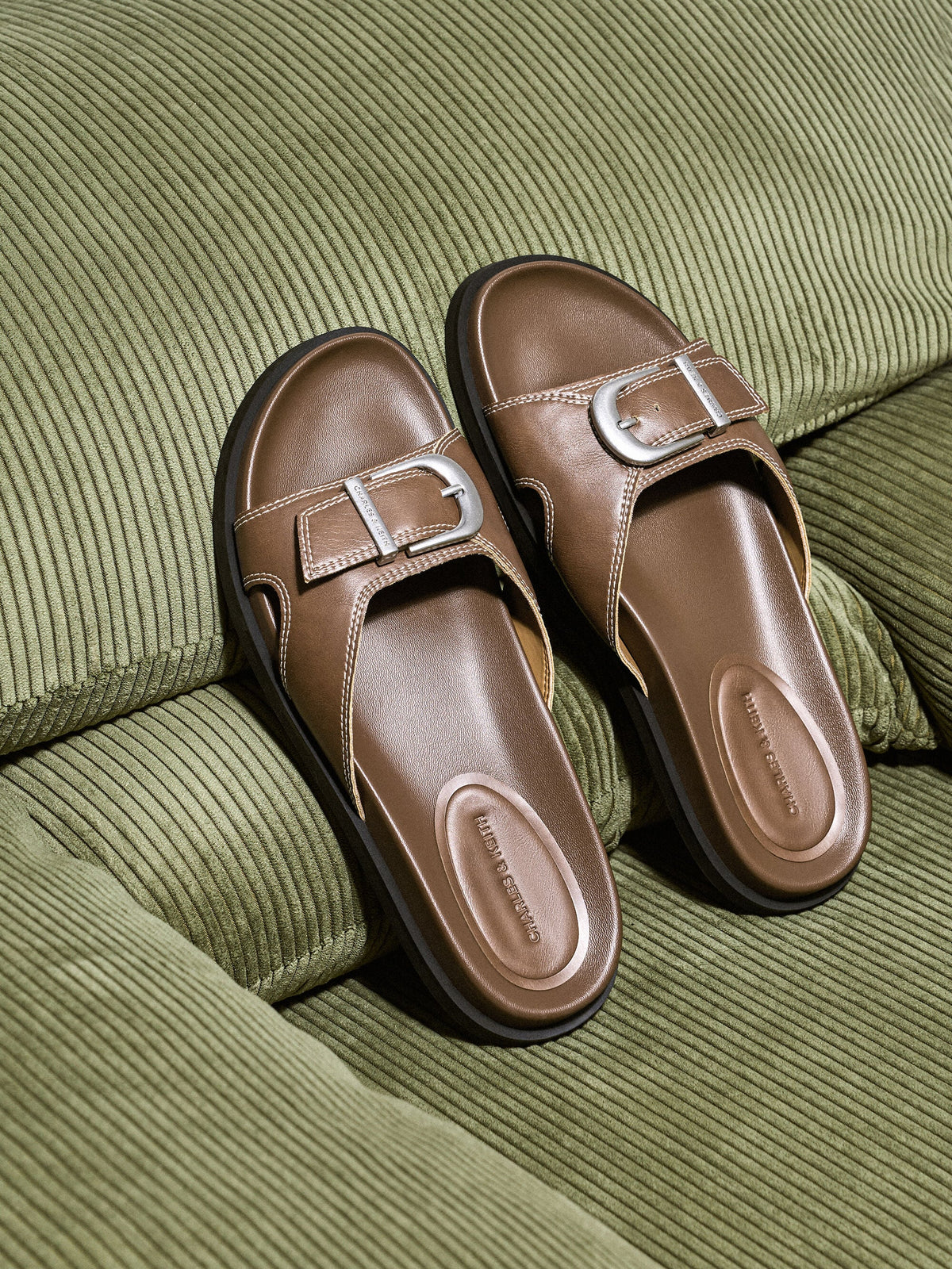 CHARLES & KEITH Everyday / Stitch-Trim Buckled Slides - Cognac