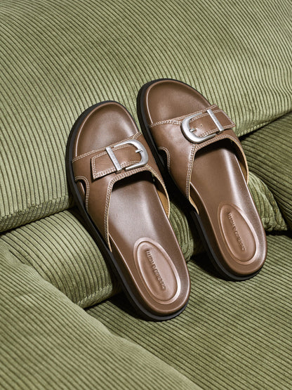 CHARLES & KEITH Everyday / Stitch-Trim Buckled Slides - Cognac
