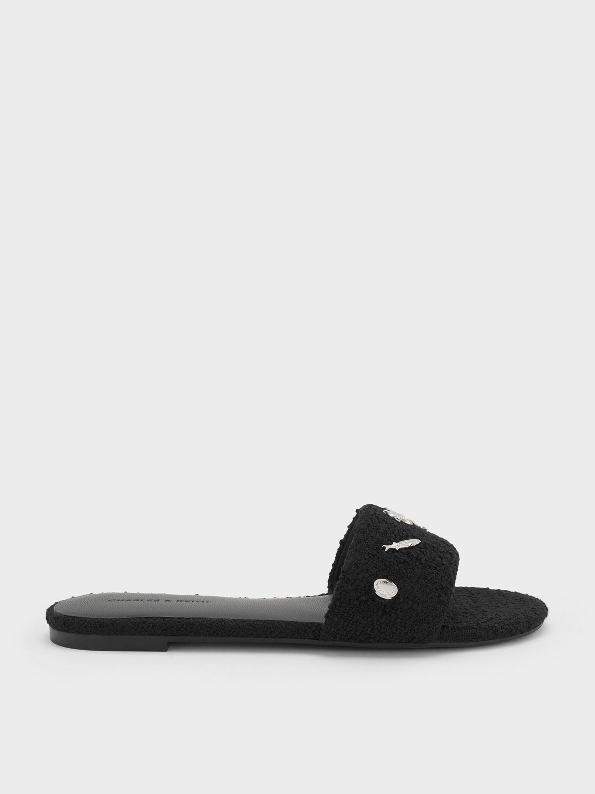 CHARLES & KEITH New / Tweed Beach Slide Sandals - Black Textured
