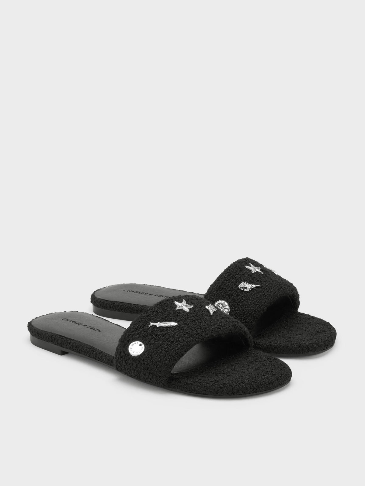 CHARLES & KEITH New / Tweed Beach Slide Sandals - Black Textured