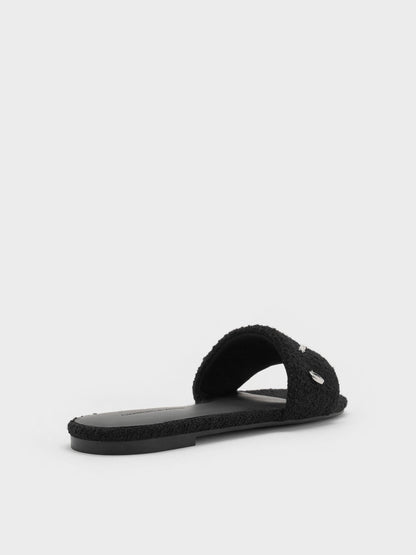 CHARLES & KEITH New / Tweed Beach Slide Sandals - Black Textured