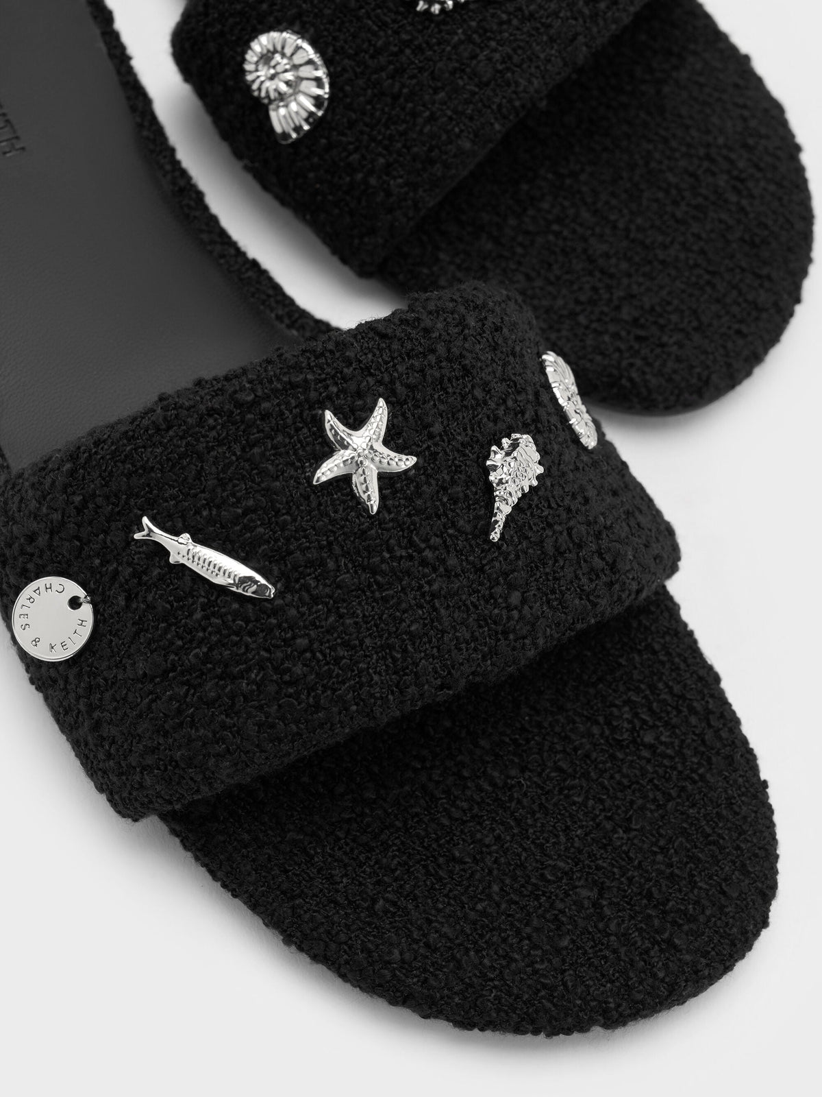 CHARLES & KEITH New / Tweed Beach Slide Sandals - Black Textured