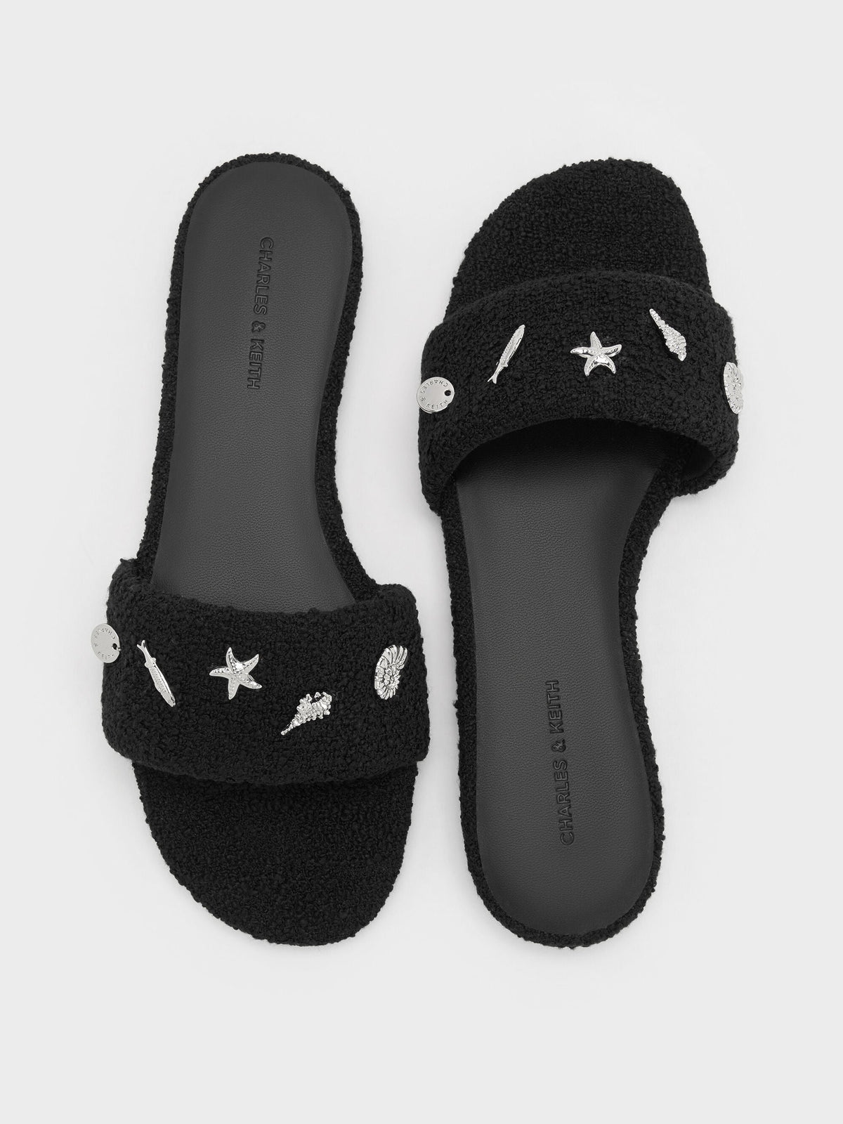 CHARLES & KEITH New / Tweed Beach Slide Sandals - Black Textured