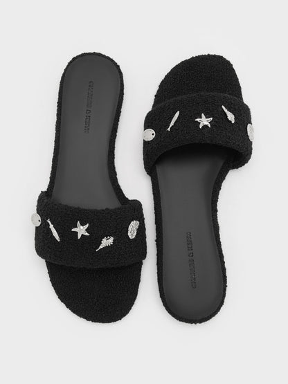 CHARLES & KEITH New / Tweed Beach Slide Sandals - Black Textured