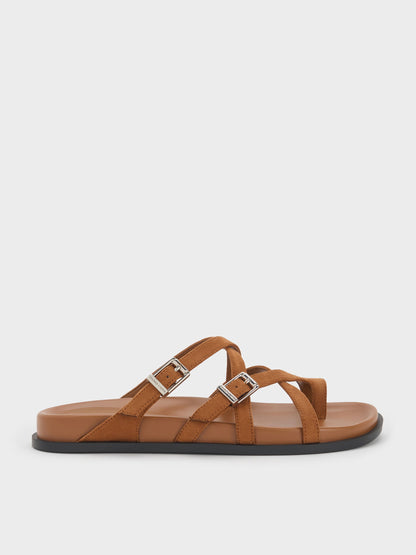 CHARLES & KEITH Trending / Faux Suede Crossover Toe-Ring Sandals - Cognac
