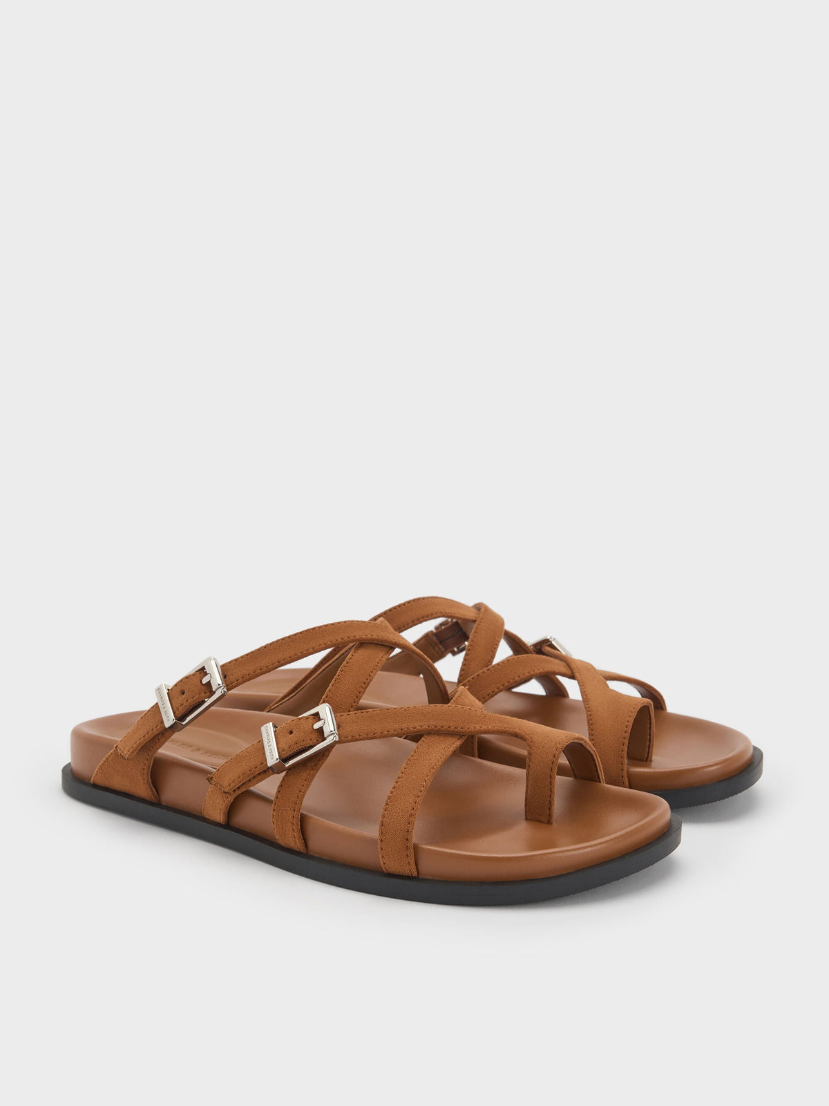 CHARLES & KEITH Trending / Faux Suede Crossover Toe-Ring Sandals - Cognac