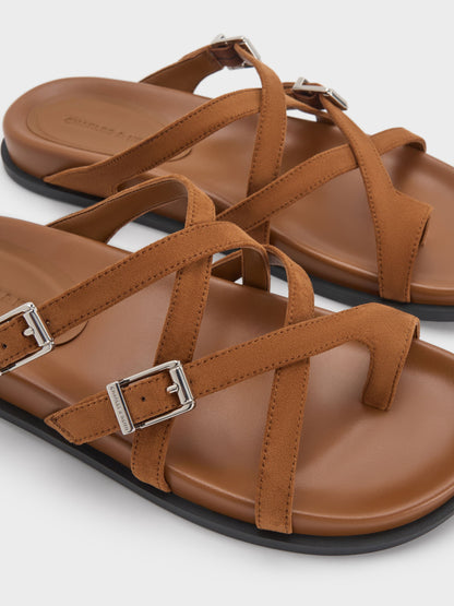 CHARLES & KEITH Trending / Faux Suede Crossover Toe-Ring Sandals - Cognac