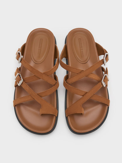 CHARLES & KEITH Trending / Faux Suede Crossover Toe-Ring Sandals - Cognac