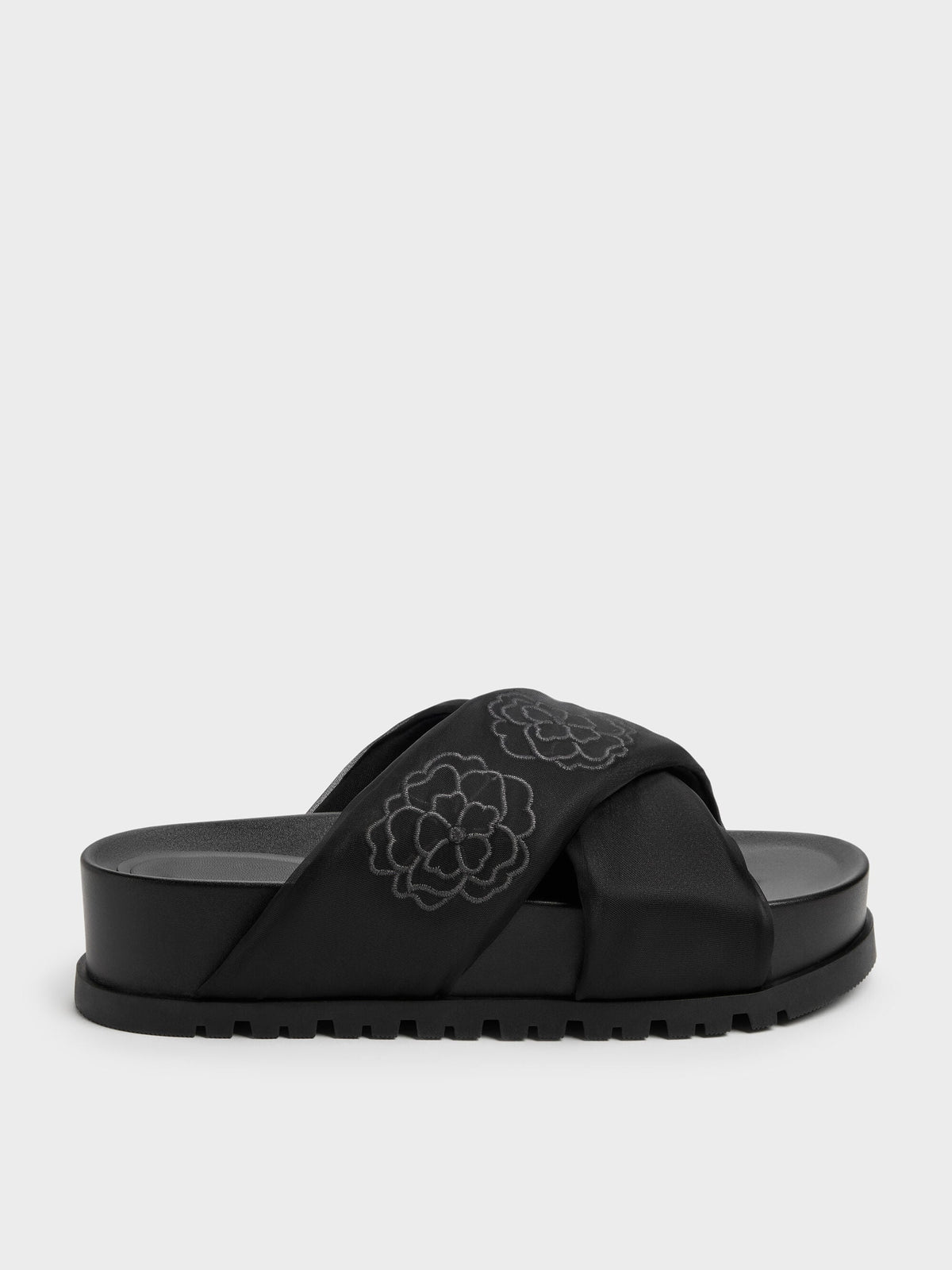 CHARLES & KEITH Featured / Satin Embroidered-Flower Crossover Sandals - Black Textured