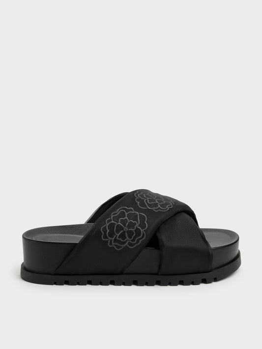 CHARLES & KEITH Featured / Satin Embroidered-Flower Crossover Sandals - Black Textured