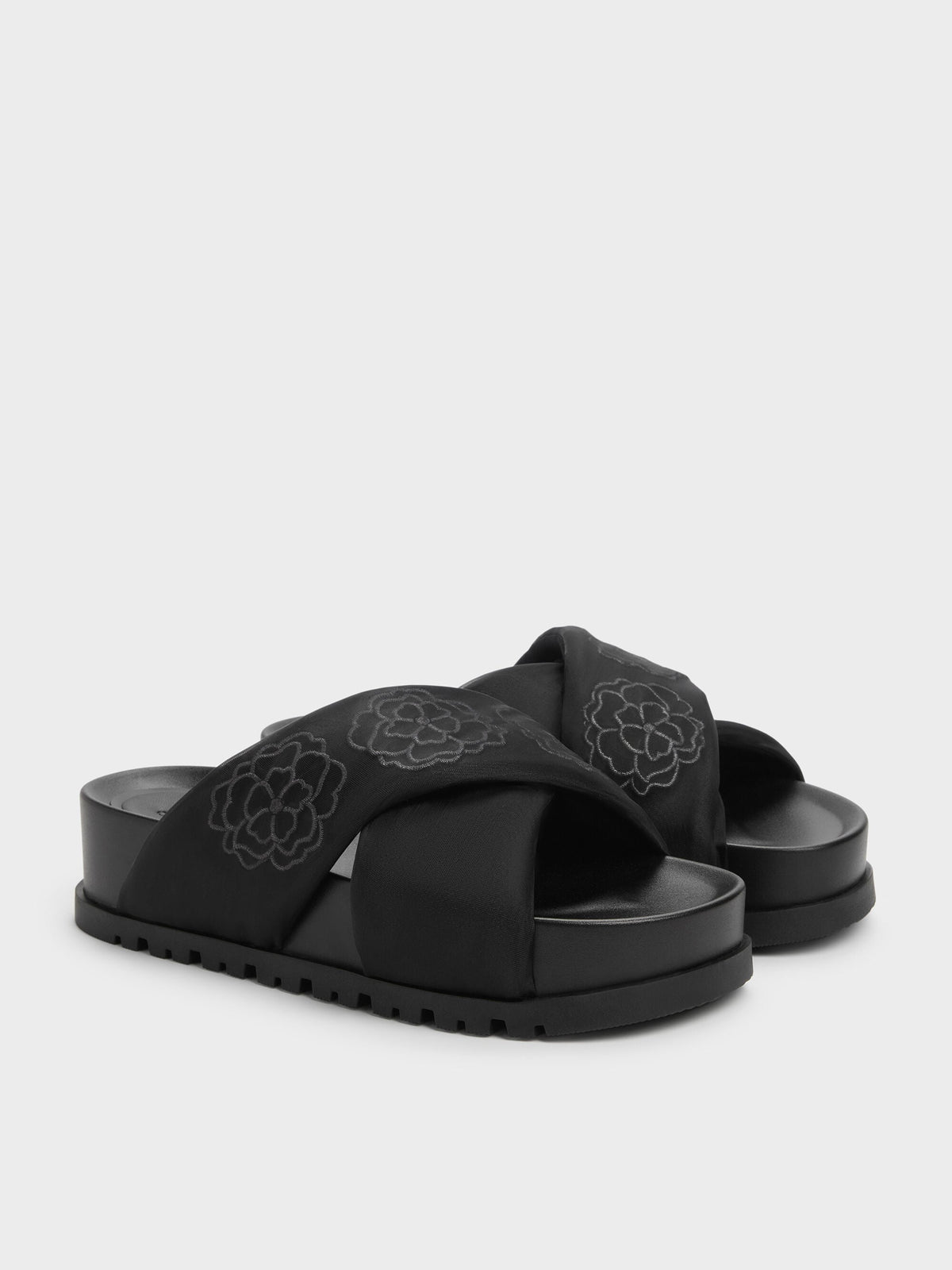 CHARLES & KEITH Featured / Satin Embroidered-Flower Crossover Sandals - Black Textured