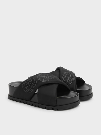 CHARLES & KEITH Featured / Satin Embroidered-Flower Crossover Sandals - Black Textured