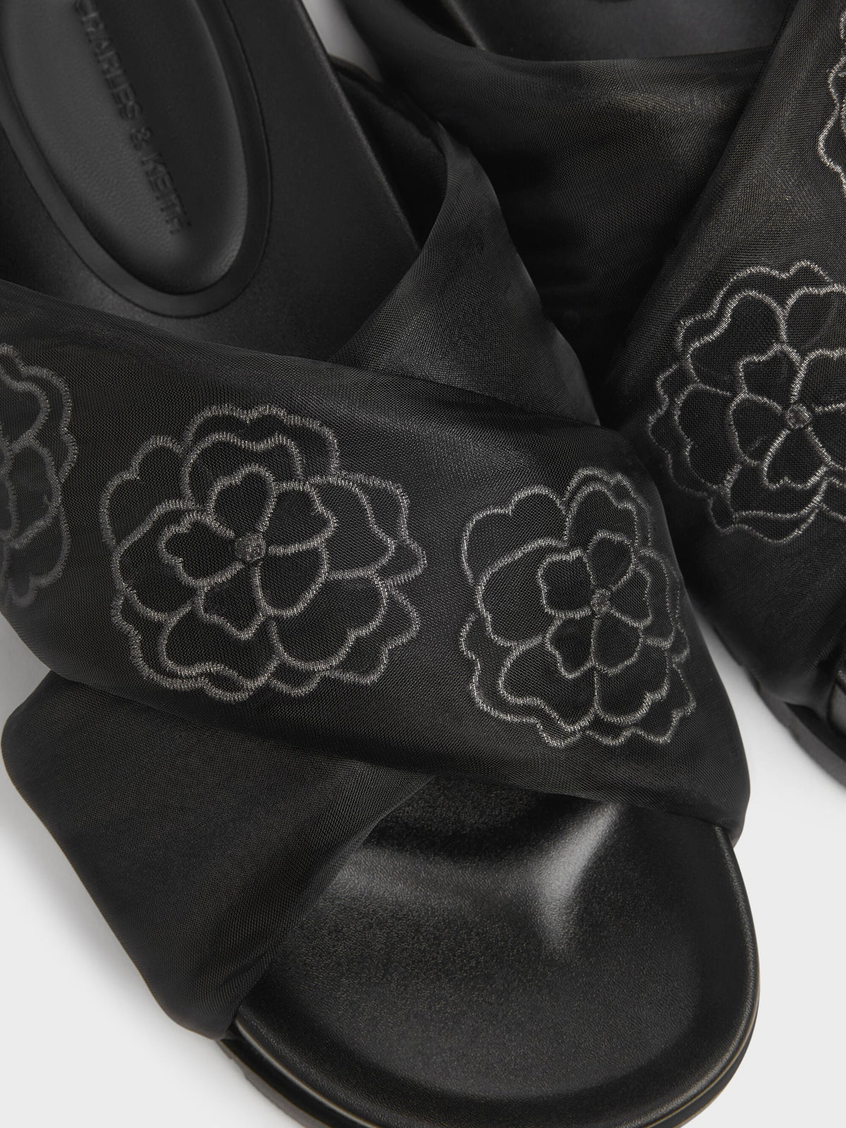 CHARLES & KEITH Featured / Satin Embroidered-Flower Crossover Sandals - Black Textured