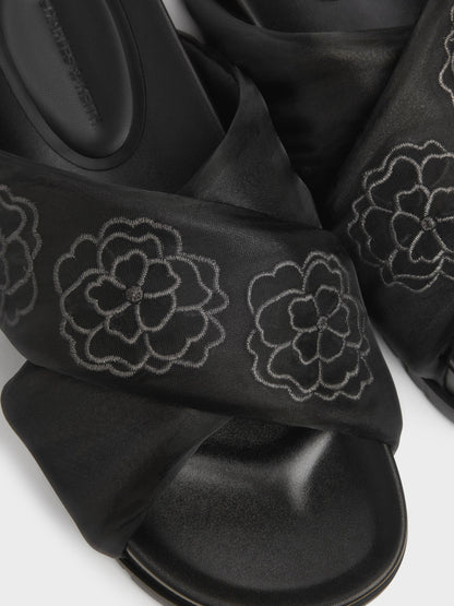 CHARLES & KEITH Featured / Satin Embroidered-Flower Crossover Sandals - Black Textured