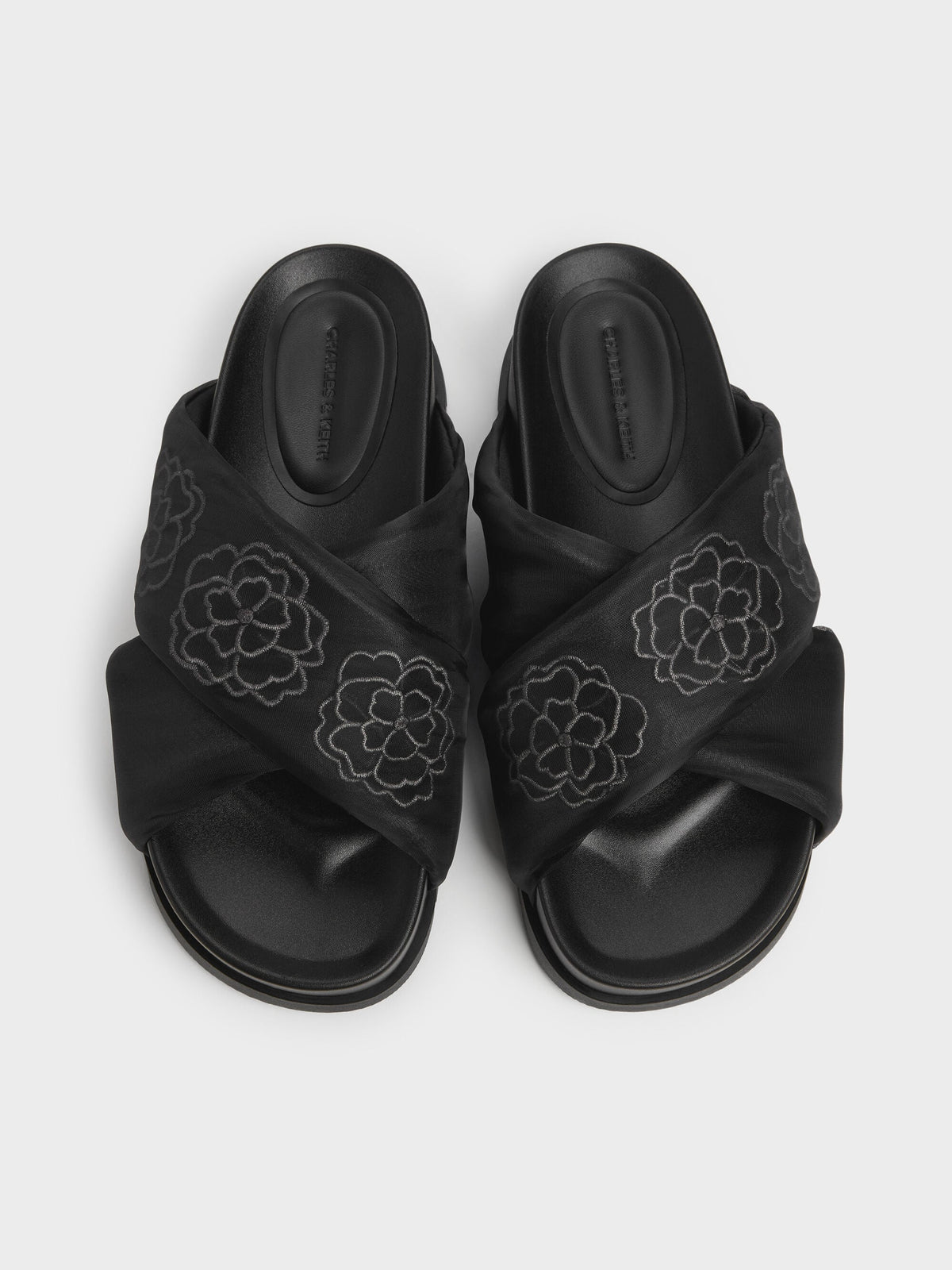 CHARLES & KEITH Featured / Satin Embroidered-Flower Crossover Sandals - Black Textured