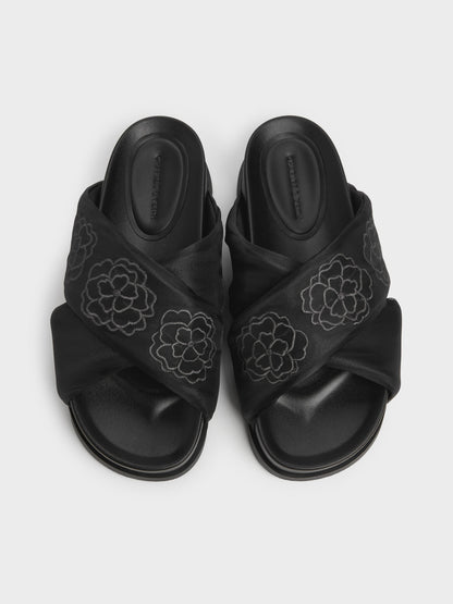 CHARLES & KEITH Featured / Satin Embroidered-Flower Crossover Sandals - Black Textured