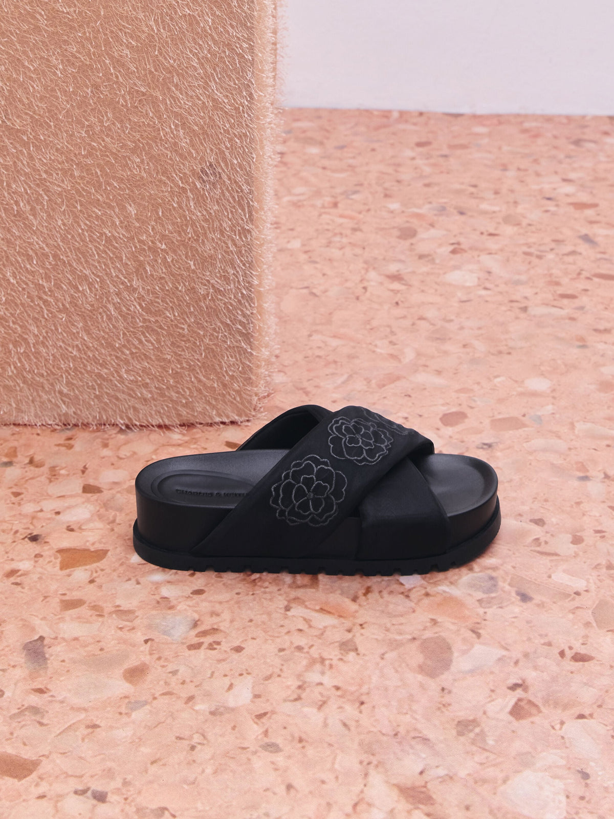 CHARLES & KEITH Featured / Satin Embroidered-Flower Crossover Sandals - Black Textured