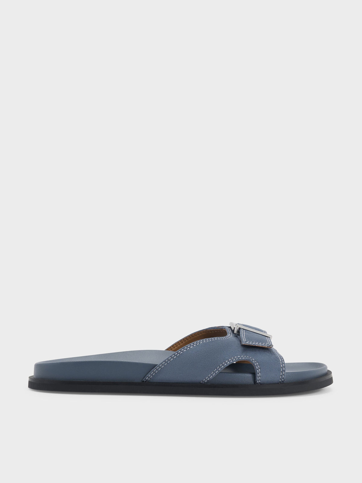 CHARLES & KEITH Premium / Faux Suede Stitch-Trim Buckled Slides - Blue
