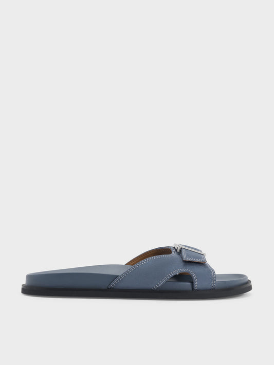 CHARLES & KEITH Premium / Faux Suede Stitch-Trim Buckled Slides - Blue