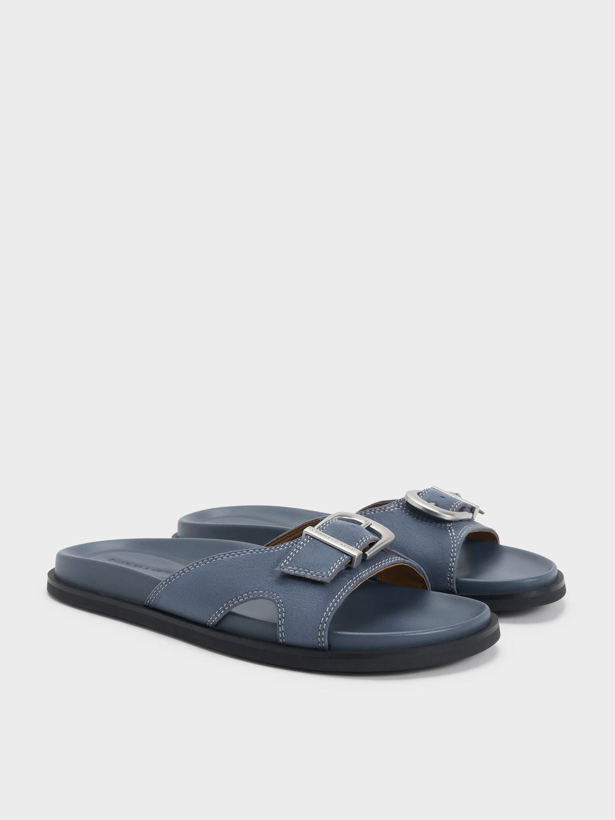 CHARLES & KEITH Premium / Faux Suede Stitch-Trim Buckled Slides - Blue