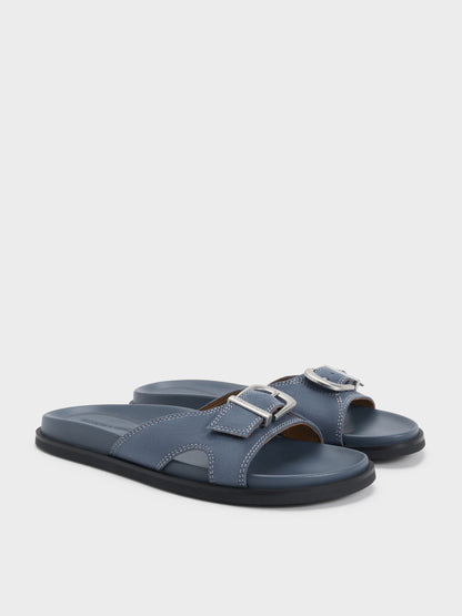 CHARLES & KEITH Premium / Faux Suede Stitch-Trim Buckled Slides - Blue