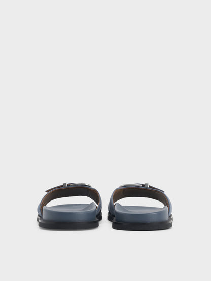 CHARLES & KEITH Premium / Faux Suede Stitch-Trim Buckled Slides - Blue