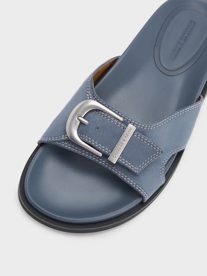 CHARLES & KEITH Premium / Faux Suede Stitch-Trim Buckled Slides - Blue