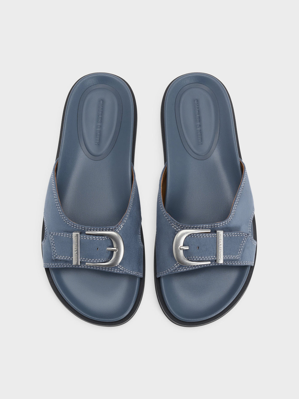 CHARLES & KEITH Premium / Faux Suede Stitch-Trim Buckled Slides - Blue