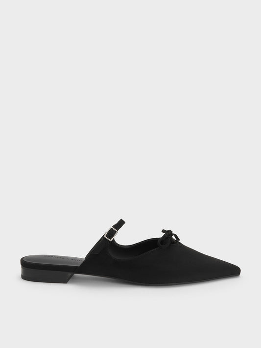 CHARLES & KEITH Customer Favorite / Faux Suede Bow Mary Jane Mules - Black Textured