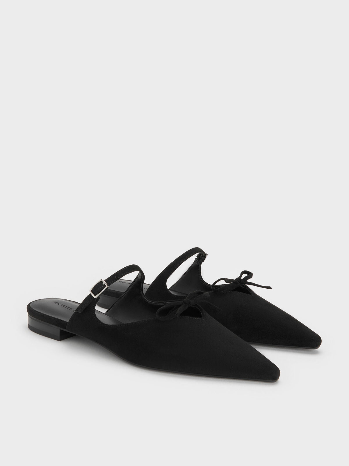 CHARLES & KEITH Customer Favorite / Faux Suede Bow Mary Jane Mules - Black Textured