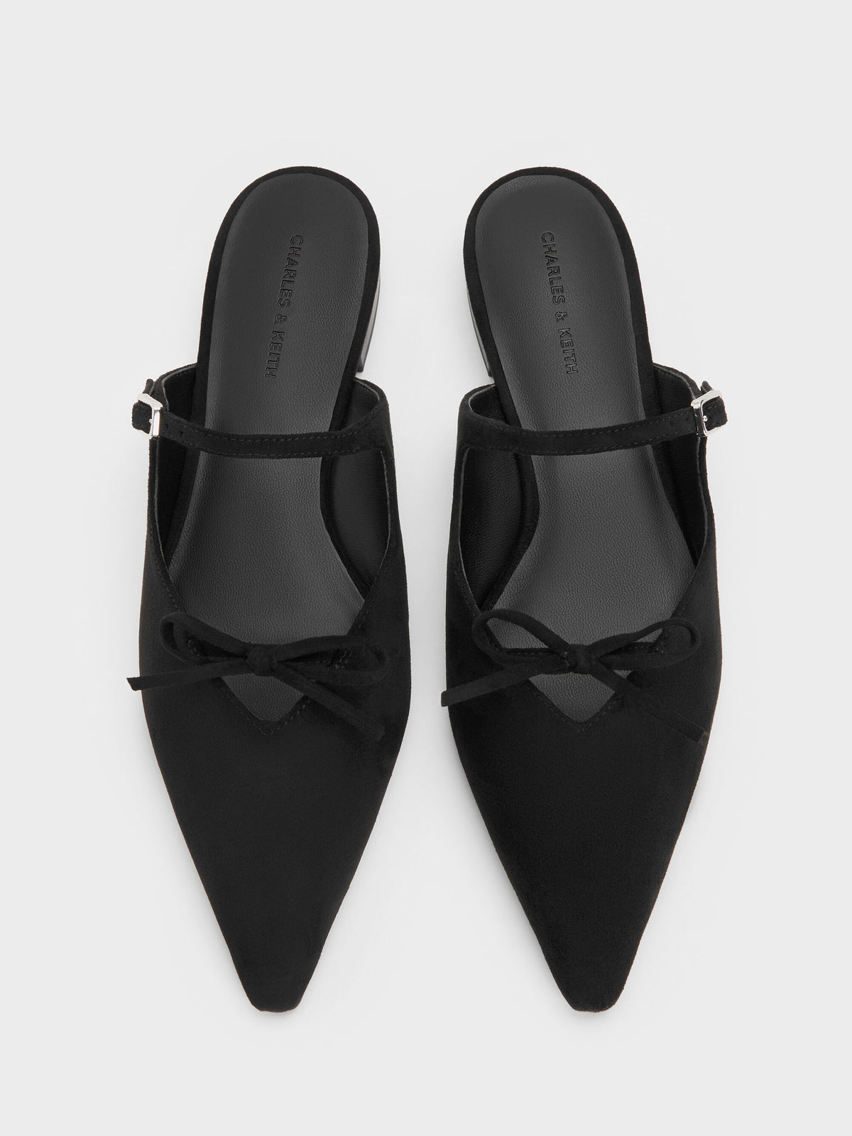 CHARLES & KEITH Customer Favorite / Faux Suede Bow Mary Jane Mules - Black Textured