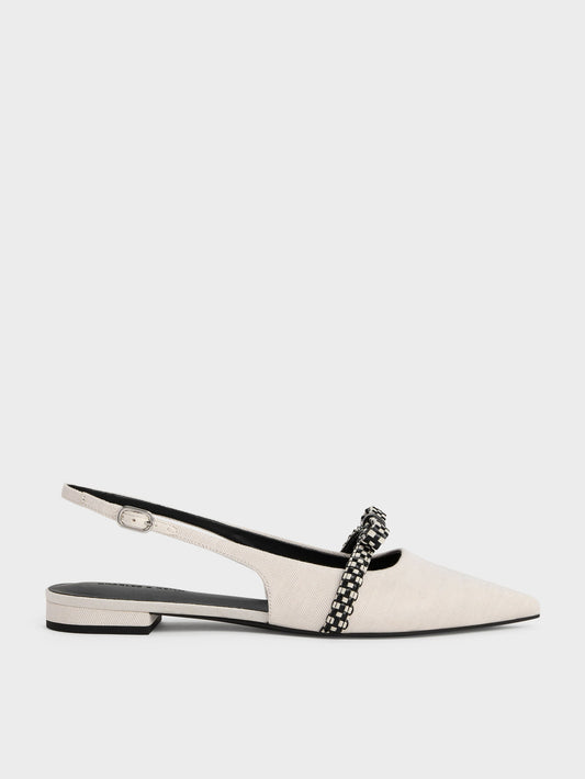 CHARLES & KEITH Premium / Kaleen Linen Woven-Bow Slingback Flats - Chalk