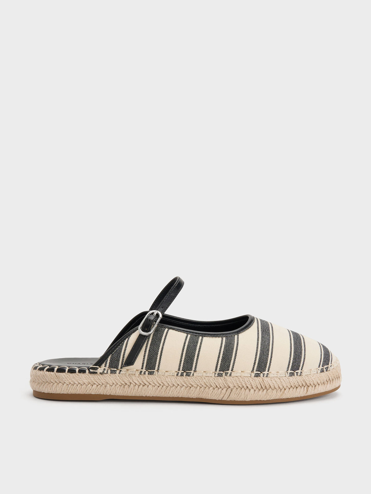 CHARLES & KEITH Trusted / Striped Mary Jane Espadrille Mules - Black Textured