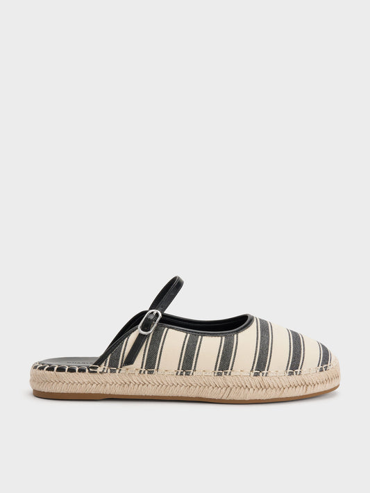 CHARLES & KEITH Trusted / Striped Mary Jane Espadrille Mules - Black Textured